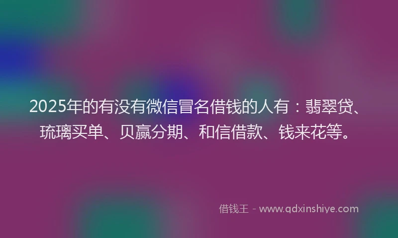 2025年的有没有微信冒名借钱的人有：翡翠贷、琉璃买单、贝赢分期、和信借款、钱来花等。