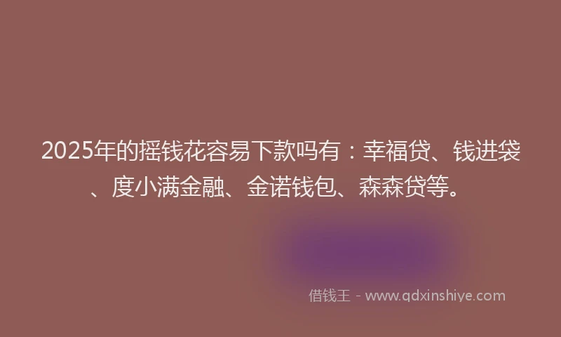 2025年的摇钱花容易下款吗有：幸福贷、钱进袋、度小满金融、金诺钱包、森森贷等。