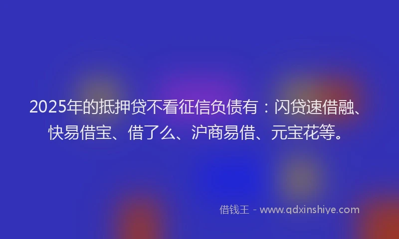 2025年的抵押贷不看征信负债有：闪贷速借融、快易借宝、借了么、沪商易借、元宝花等。