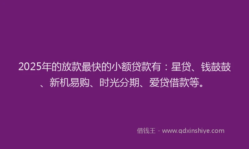 2025年的放款最快的小额贷款有：星贷、钱鼓鼓、新机易购、时光分期、爱贷借款等。