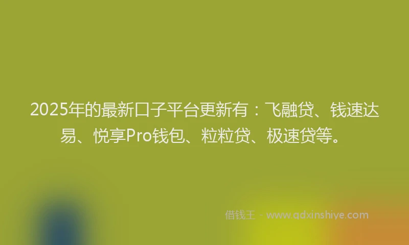 2025年的最新口子平台更新有：飞融贷、钱速达易、悦享Pro钱包、粒粒贷、极速贷等。
