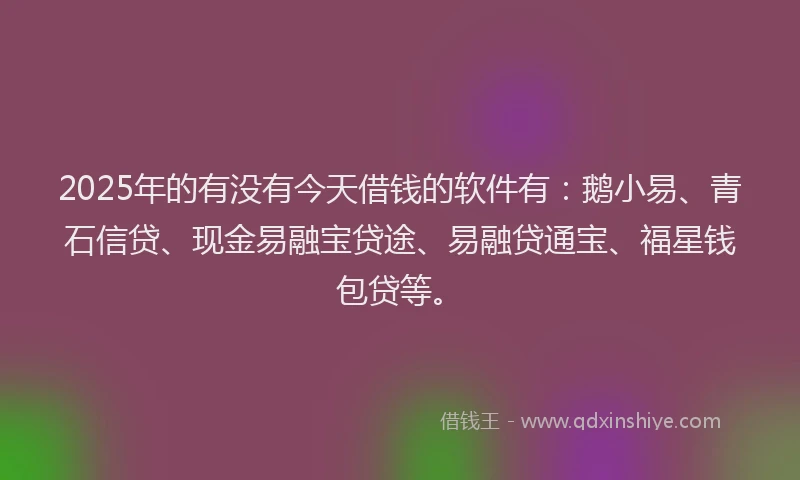 2025年的有没有今天借钱的软件有：鹅小易、青石信贷、现金易融宝贷途、易融贷通宝、福星钱包贷等。