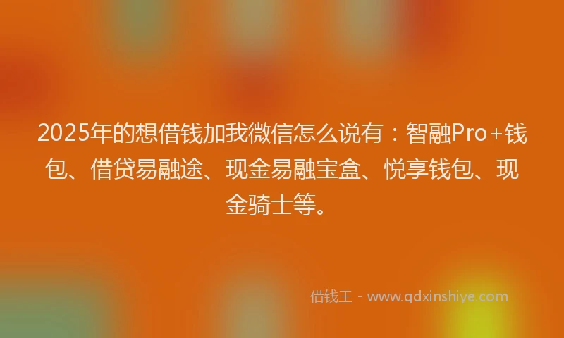 2025年的想借钱加我微信怎么说有：智融Pro+钱包、借贷易融途、现金易融宝盒、悦享钱包、现金骑士等。