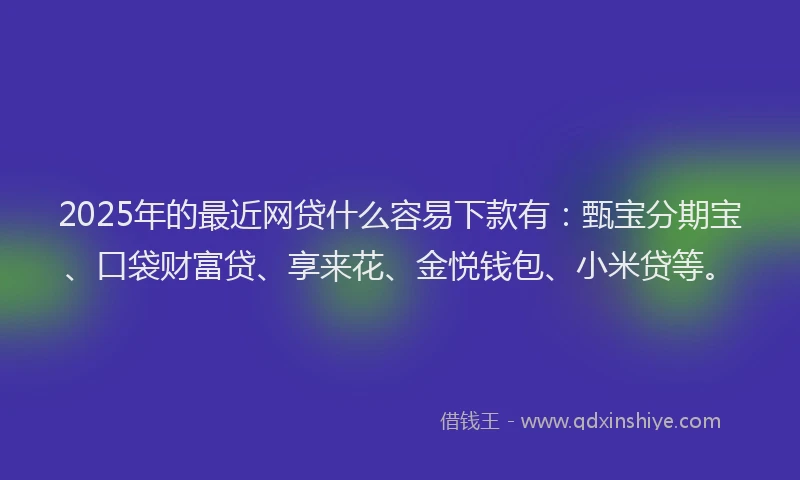 2025年的最近网贷什么容易下款有：甄宝分期宝、口袋财富贷、享来花、金悦钱包、小米贷等。