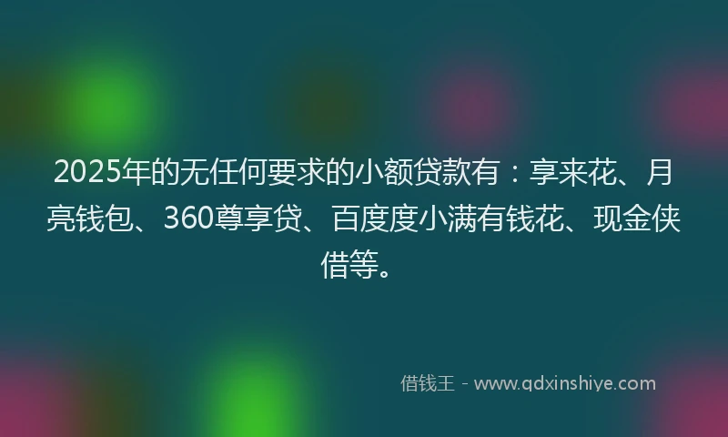 2025年的无任何要求的小额贷款有：享来花、月亮钱包、360尊享贷、百度度小满有钱花、现金侠借等。