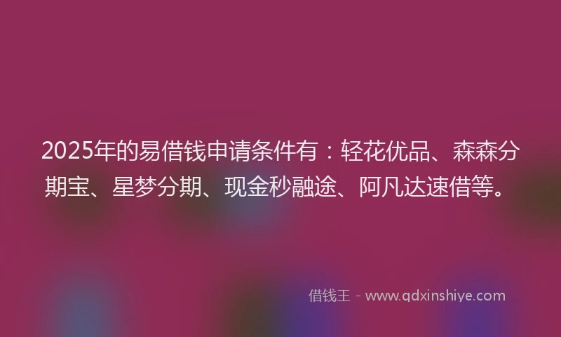 2025年的易借钱申请条件有：轻花优品、森森分期宝、星梦分期、现金秒融途、阿凡达速借等。