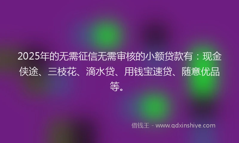 2025年的无需征信无需审核的小额贷款有：现金侠途、三枝花、滴水贷、用钱宝速贷、随意优品等。