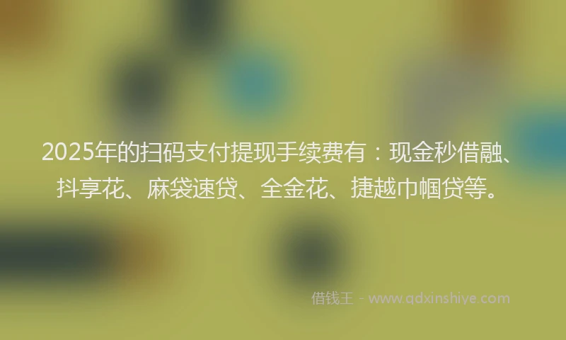 2025年的扫码支付提现手续费有：现金秒借融、抖享花、麻袋速贷、全金花、捷越巾帼贷等。
