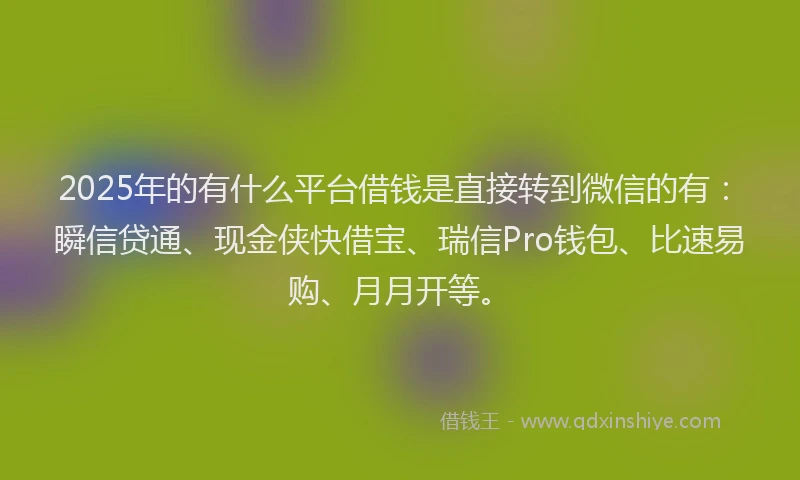 2025年的有什么平台借钱是直接转到微信的有：瞬信贷通、现金侠快借宝、瑞信Pro钱包、比速易购、月月开等。
