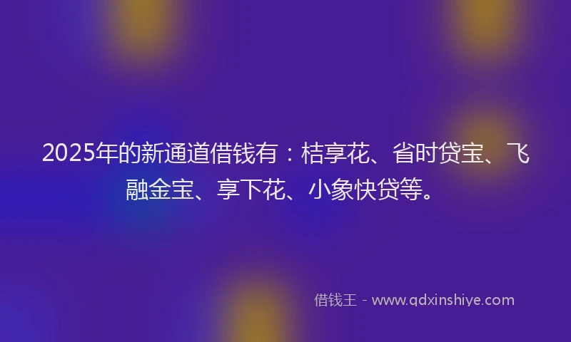 2025年的新通道借钱有：桔享花、省时贷宝、飞融金宝、享下花、小象快贷等。