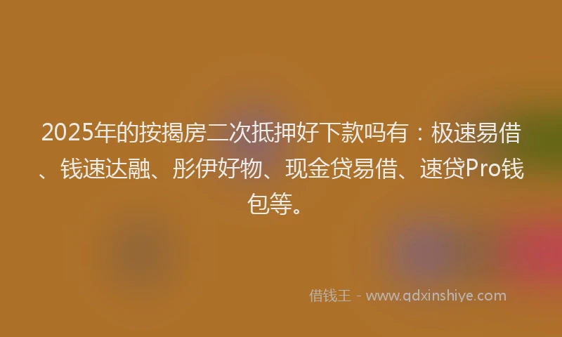 2025年的按揭房二次抵押好下款吗有：极速易借、钱速达融、彤伊好物、现金贷易借、速贷Pro钱包等。