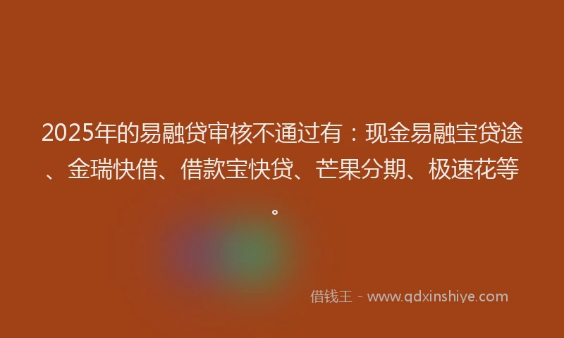 2025年的易融贷审核不通过有：现金易融宝贷途、金瑞快借、借款宝快贷、芒果分期、极速花等。