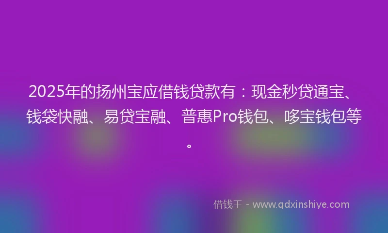2025年的扬州宝应借钱贷款有：现金秒贷通宝、钱袋快融、易贷宝融、普惠Pro钱包、哆宝钱包等。