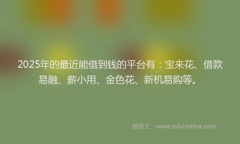2025年的最近能借到钱的平台有：宝来花、借款易融、薪小用、金色花、新机易购等。