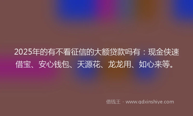 2025年的有不看征信的大额贷款吗有：现金侠速借宝、安心钱包、天源花、龙龙用、如心来等。