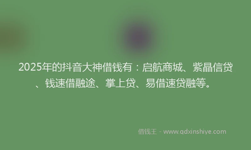 2025年的抖音大神借钱有：启航商城、紫晶信贷、钱速借融途、掌上贷、易借速贷融等。