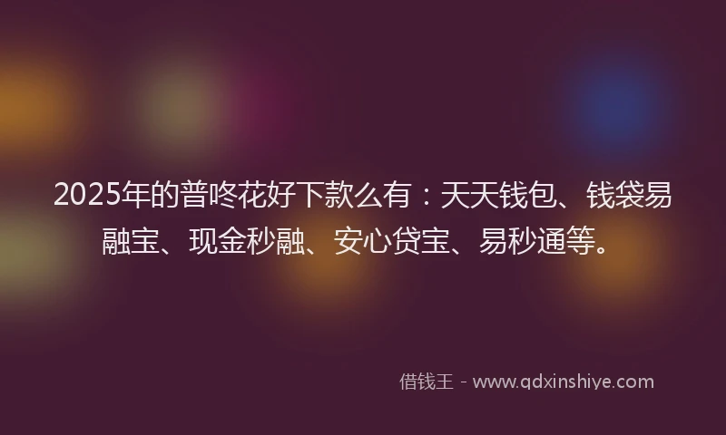 2025年的普咚花好下款么有：天天钱包、钱袋易融宝、现金秒融、安心贷宝、易秒通等。