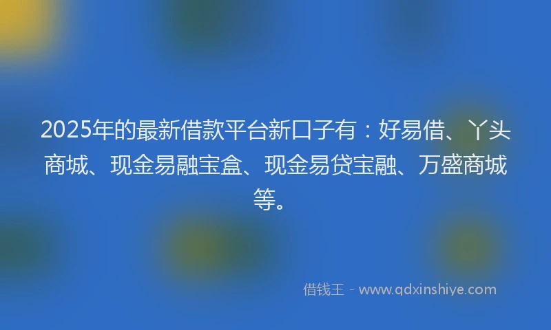 2025年的最新借款平台新口子有：好易借、丫头商城、现金易融宝盒、现金易贷宝融、万盛商城等。