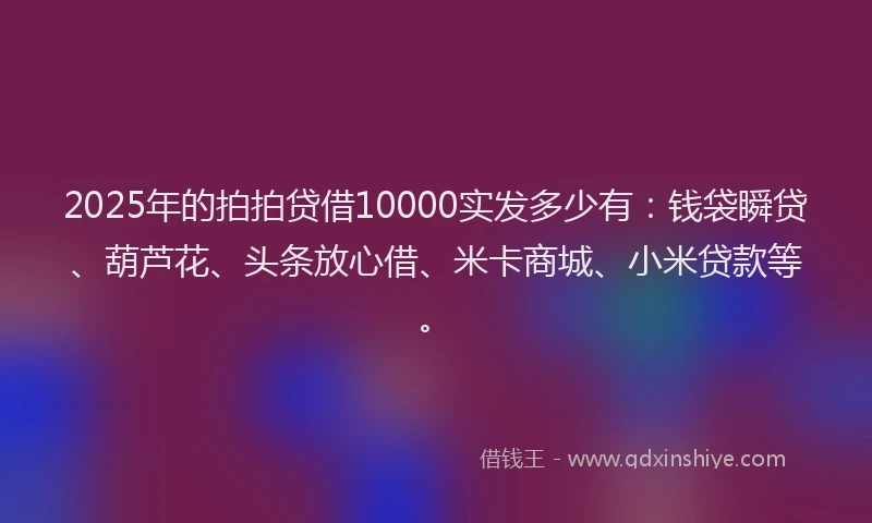 2025年的拍拍贷借10000实发多少有：钱袋瞬贷、葫芦花、头条放心借、米卡商城、小米贷款等。