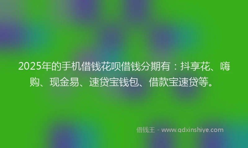 2025年的手机借钱花呗借钱分期有：抖享花、嗨购、现金易、速贷宝钱包、借款宝速贷等。