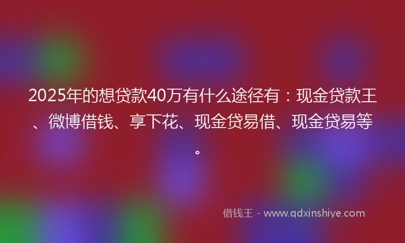 2025年的想贷款40万有什么途径有：现金贷款王、微博借钱、享下花、现金贷易借、现金贷易等。