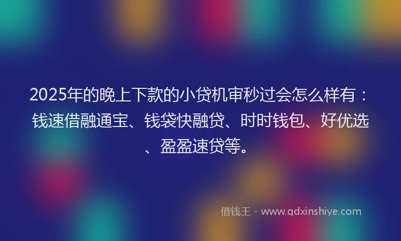 2025年的晚上下款的小贷机审秒过会怎么样有：钱速借融通宝、钱袋快融贷、时时钱包、好优选、盈盈速贷等。