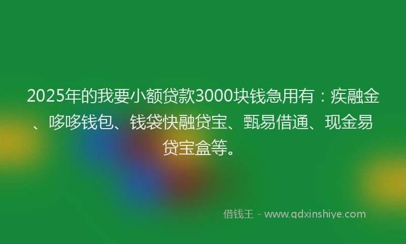2025年的我要小额贷款3000块钱急用有：疾融金、哆哆钱包、钱袋快融贷宝、甄易借通、现金易贷宝盒等。