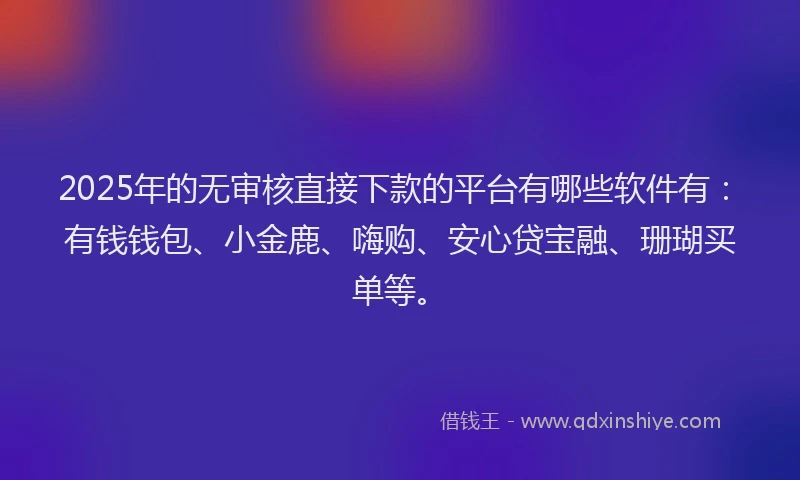 2025年的无审核直接下款的平台有哪些软件有：有钱钱包、小金鹿、嗨购、安心贷宝融、珊瑚买单等。