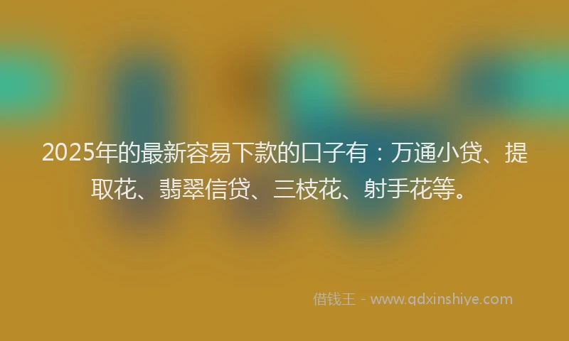 2025年的最新容易下款的口子有：万通小贷、提取花、翡翠信贷、三枝花、射手花等。