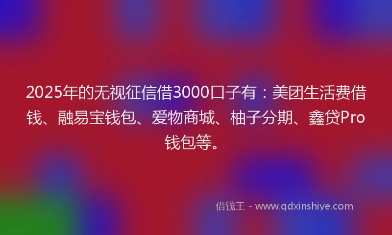 2025年的无视征信借3000口子有：美团生活费借钱、融易宝钱包、爱物商城、柚子分期、鑫贷Pro钱包等。