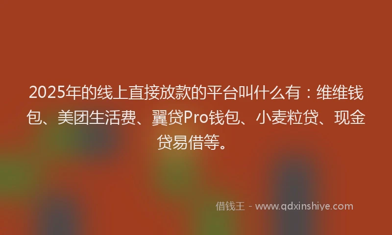 2025年的线上直接放款的平台叫什么有：维维钱包、美团生活费、翼贷Pro钱包、小麦粒贷、现金贷易借等。