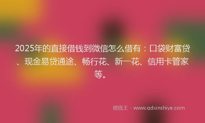 2025年的直接借钱到微信怎么借有：口袋财富贷、现金易贷通途、畅行花、新一花、信用卡管家等。