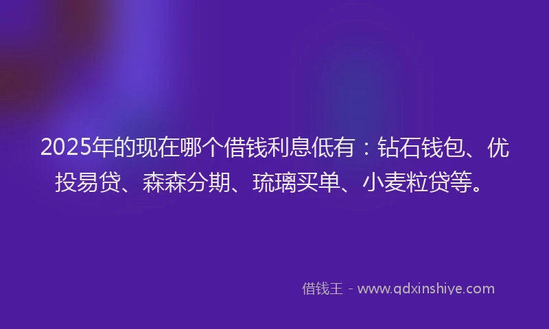 2025年的现在哪个借钱利息低有：钻石钱包、优投易贷、森森分期、琉璃买单、小麦粒贷等。