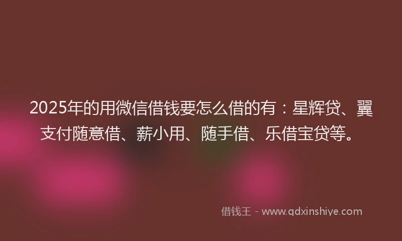 2025年的用微信借钱要怎么借的有：星辉贷、翼支付随意借、薪小用、随手借、乐借宝贷等。
