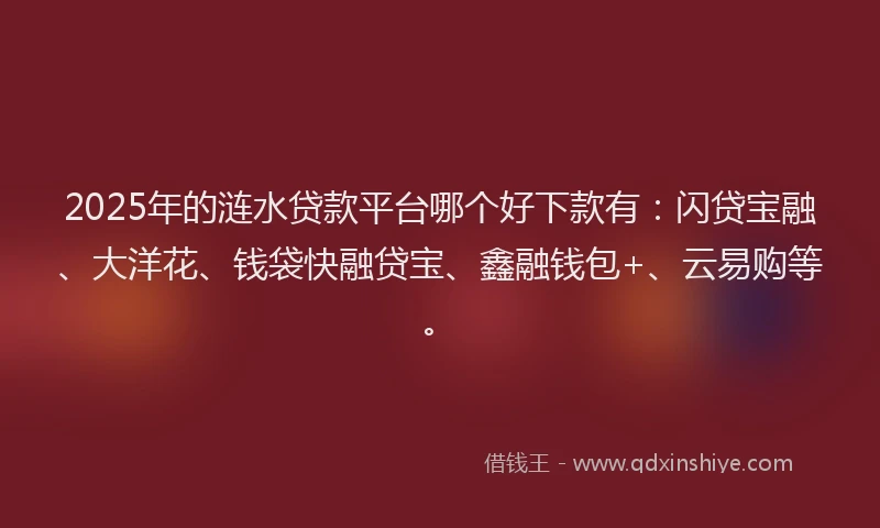 2025年的涟水贷款平台哪个好下款有：闪贷宝融、大洋花、钱袋快融贷宝、鑫融钱包+、云易购等。