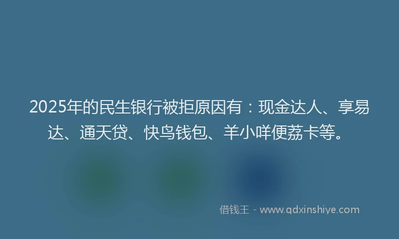 2025年的民生银行被拒原因有：现金达人、享易达、通天贷、快鸟钱包、羊小咩便荔卡等。