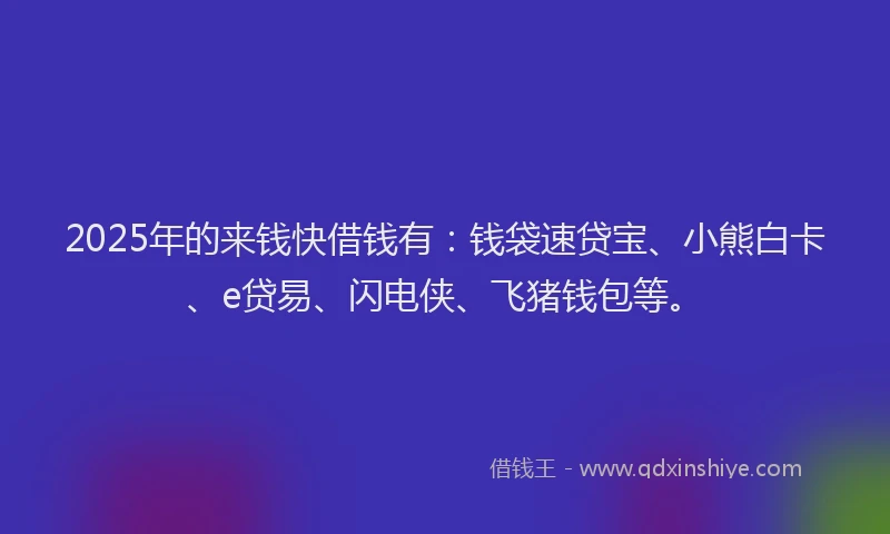 2025年的来钱快借钱有：钱袋速贷宝、小熊白卡、e贷易、闪电侠、飞猪钱包等。