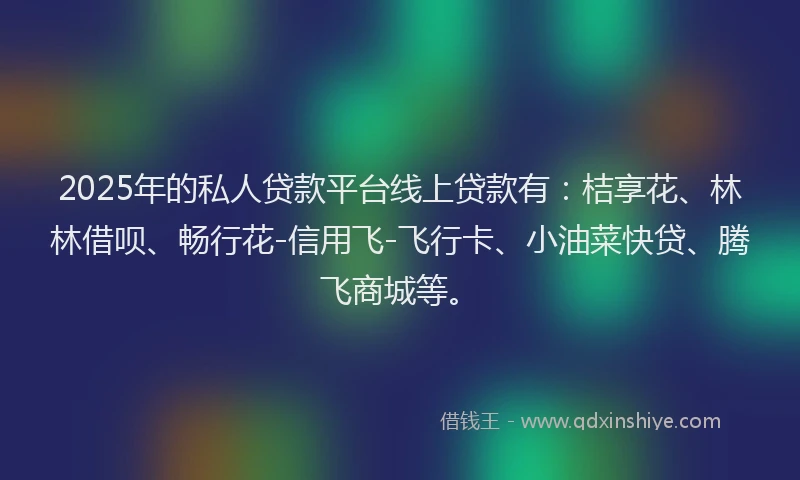 2025年的私人贷款平台线上贷款有：桔享花、林林借呗、畅行花-信用飞-飞行卡、小油菜快贷、腾飞商城等。