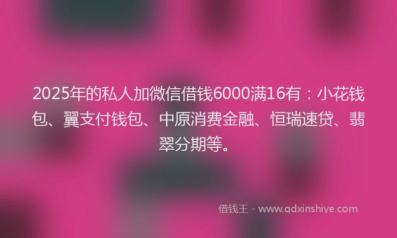 2025年的私人加微信借钱6000满16有：小花钱包、翼支付钱包、中原消费金融、恒瑞速贷、翡翠分期等。