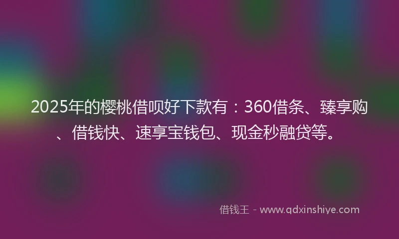 2025年的樱桃借呗好下款有：360借条、臻享购、借钱快、速享宝钱包、现金秒融贷等。