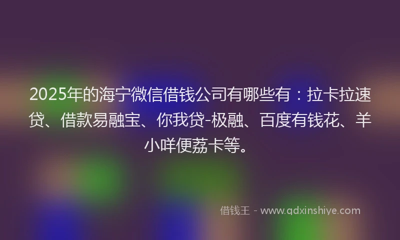 2025年的海宁微信借钱公司有哪些有：拉卡拉速贷、借款易融宝、你我贷-极融、百度有钱花、羊小咩便荔卡等。