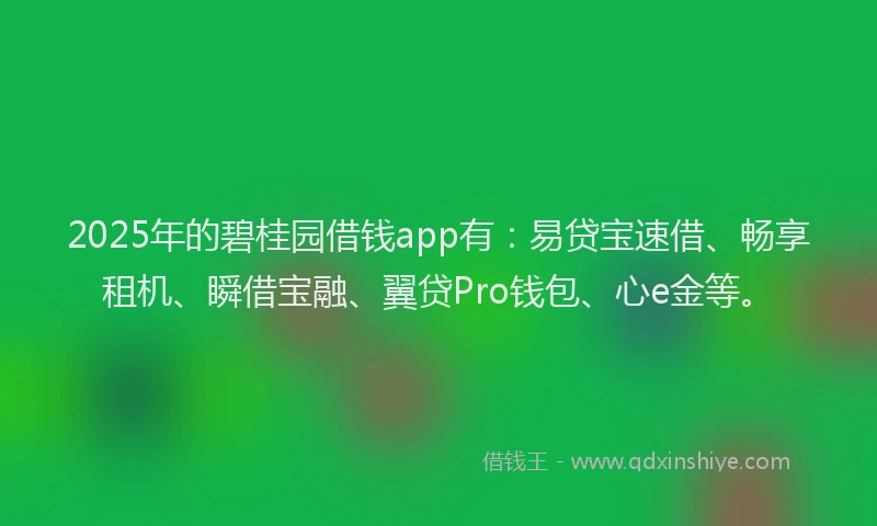 2025年的碧桂园借钱app有：易贷宝速借、畅享租机、瞬借宝融、翼贷Pro钱包、心e金等。