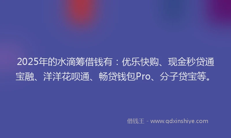 2025年的水滴筹借钱有：优乐快购、现金秒贷通宝融、洋洋花呗通、畅贷钱包Pro、分子贷宝等。