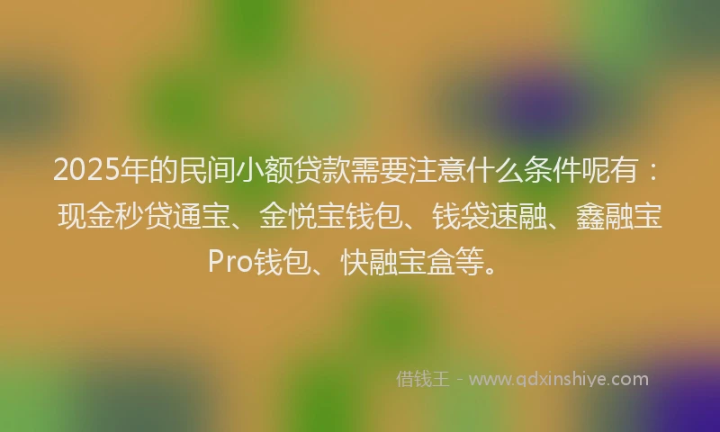 2025年的民间小额贷款需要注意什么条件呢有：现金秒贷通宝、金悦宝钱包、钱袋速融、鑫融宝Pro钱包、快融宝盒等。