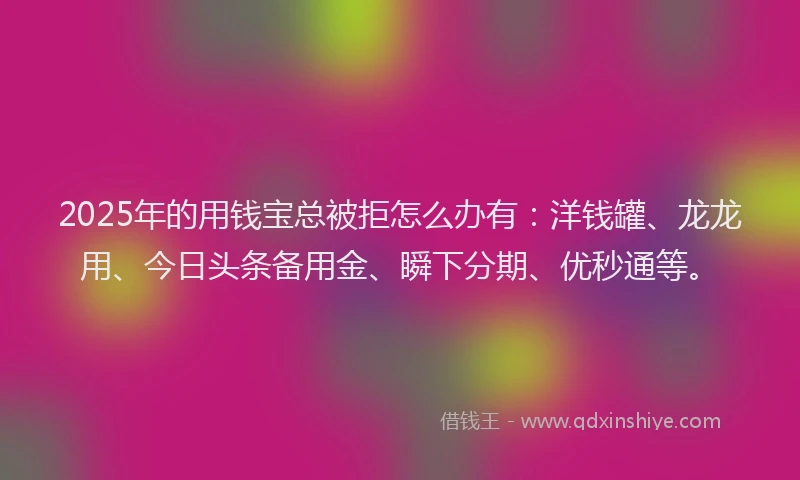 2025年的用钱宝总被拒怎么办有：洋钱罐、龙龙用、今日头条备用金、瞬下分期、优秒通等。