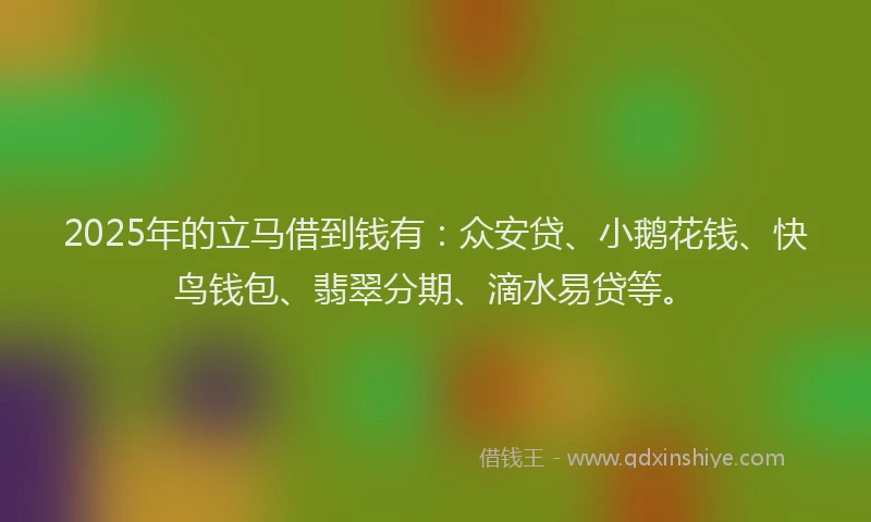 2025年的立马借到钱有：众安贷、小鹅花钱、快鸟钱包、翡翠分期、滴水易贷等。