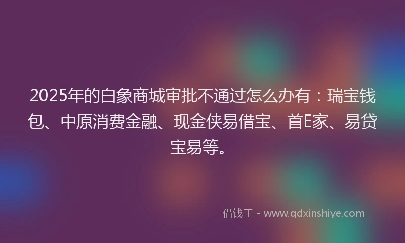 2025年的白象商城审批不通过怎么办有：瑞宝钱包、中原消费金融、现金侠易借宝、首E家、易贷宝易等。