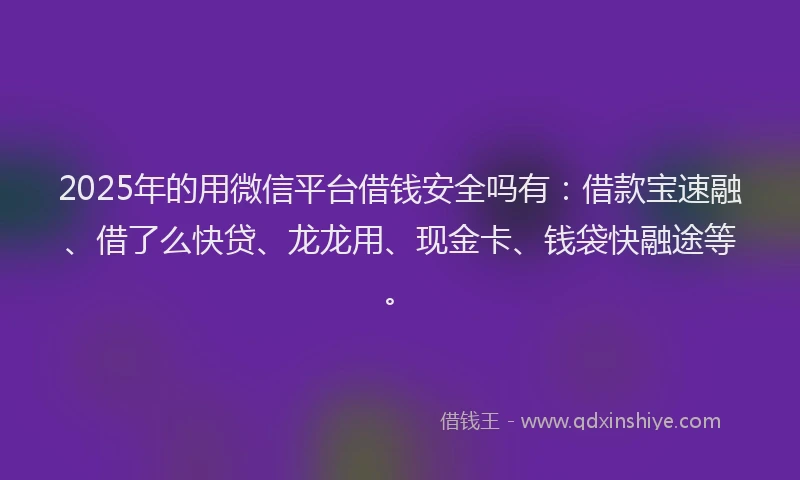 2025年的用微信平台借钱安全吗有：借款宝速融、借了么快贷、龙龙用、现金卡、钱袋快融途等。