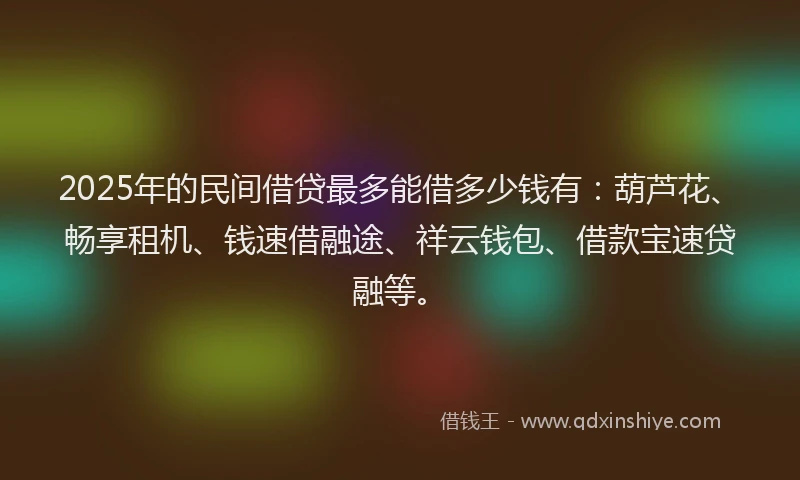 2025年的民间借贷最多能借多少钱有：葫芦花、畅享租机、钱速借融途、祥云钱包、借款宝速贷融等。