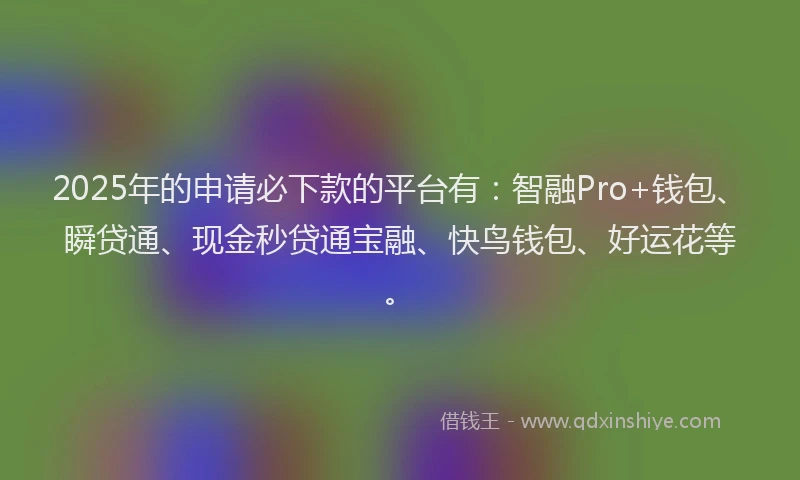2025年的申请必下款的平台有：智融Pro+钱包、瞬贷通、现金秒贷通宝融、快鸟钱包、好运花等。